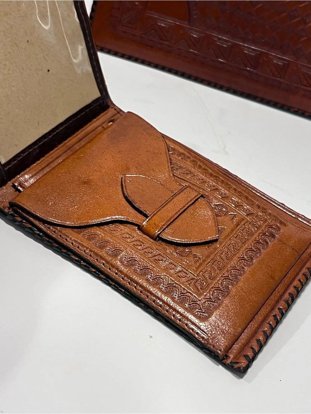 Vintage Handcrafted Leather Aztec Calendar Embossed Wallet & Check Book